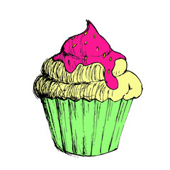 Muffin drawing. Cupcake hand drawn vector illustration.