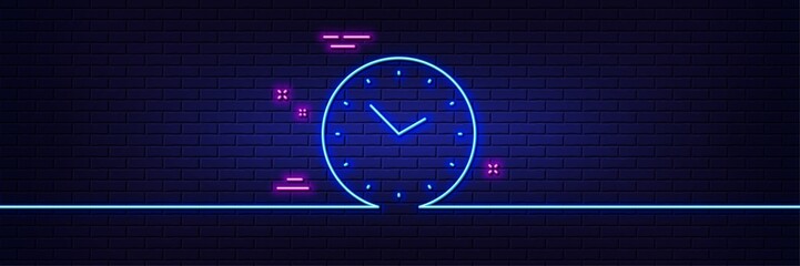 Neon light glow effect. Time management line icon. Clock sign. Watch symbol. 3d line neon glow icon. Brick wall banner. Time outline. Vector