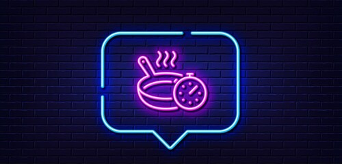 Neon light speech bubble. Frying pan line icon. Cooking timer sign. Food preparation symbol. Neon light background. Frying pan glow line. Brick wall banner. Vector