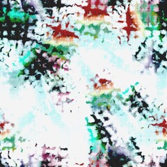 Messy summer tie dye batik beach wear pattern. Seamless colorful stain space dyed effect fashion. Washed out soft furnishing background.