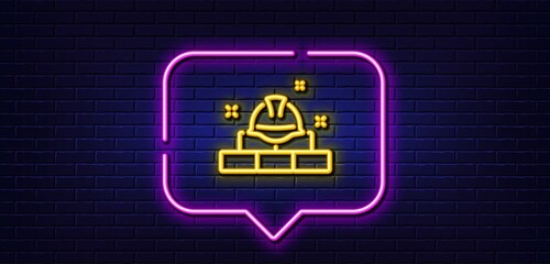 Neon light speech bubble. Construction builder line icon. Engineer or architect helmet sign. Bricks symbol. Neon light background. Construction bricks glow line. Brick wall banner. Vector