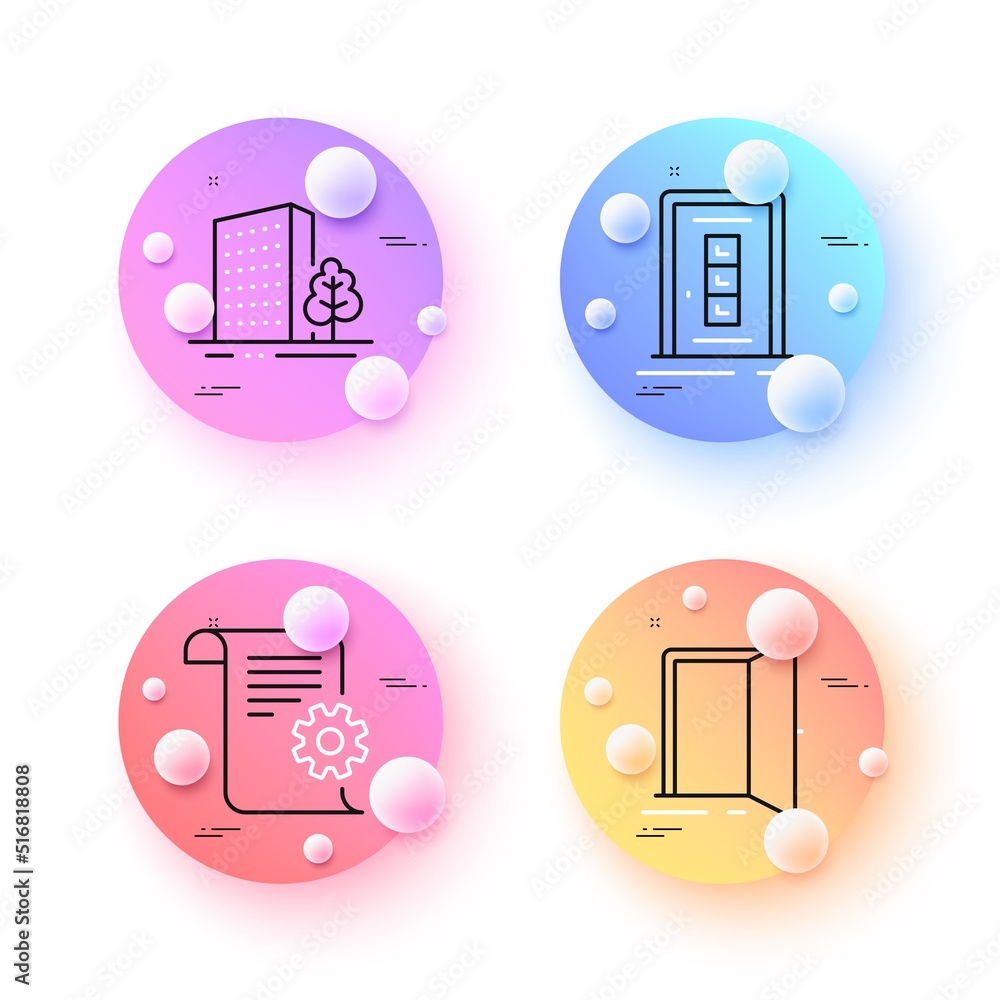 Poster buildings, door and technical documentation minimal line icons. 3d spheres or balls buttons. open do