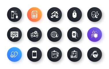 Minimal set of Work home, Sleep and Divorce lawyer flat icons for web development. Swipe up, Smartphone, Improving safety icons. International recruitment, Clipboard, Car leasing web elements. Vector
