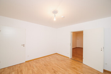 Cozy studio apartment design with bedroom and living space. Hotel room panoramic window, double bed, sofa and coffee table. Urban apartment concept