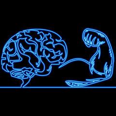 Continuous line drawing willpower as brain and muscle hand self discipline neon concept