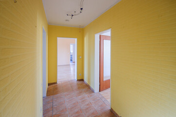 Cozy studio apartment design with bedroom and living space. Hotel room panoramic window, double bed, sofa and coffee table. Urban apartment concept