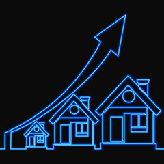 Continuous line drawing Housing price rising up property growth icon neon glow vector illustration concept