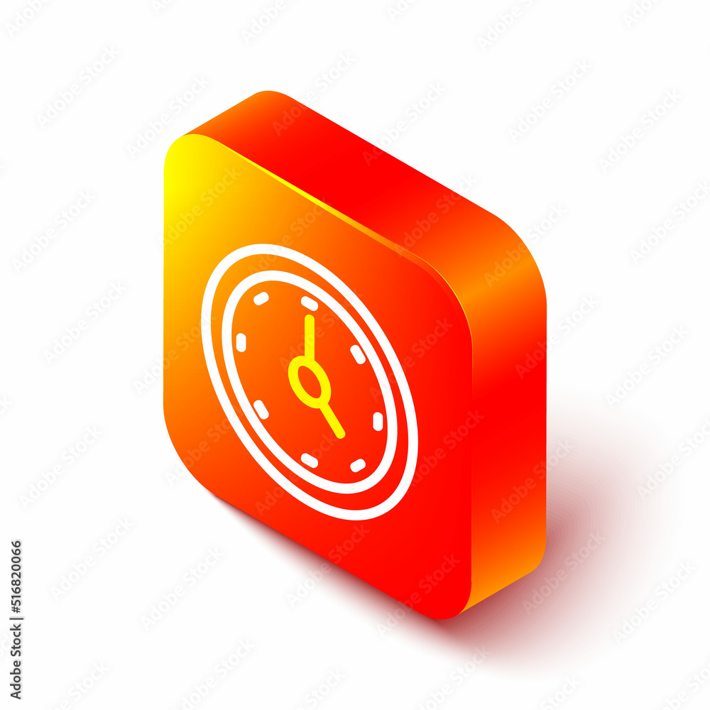 Poster isometric line clock icon isolated on white background. time symbol. orange square button. vector