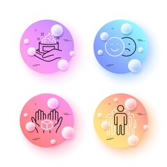 Hold box, Like and Skin care minimal line icons. 3d spheres or balls buttons. Group icons. For web, application, printing. Delivery parcel, Social media dislike, Hand cream. Managers. Vector