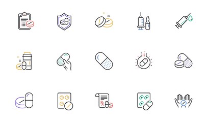Medical drugs line icons. Healthcare, Prescription and Pill signs. Pharmacy drugs, recipe pill icons. Antibiotic capsule, syringe vaccination. Linear set. Bicolor outline web elements. Vector