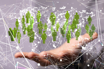 Digital hologram of the Earth with satellites on orbit. Digital globe with statistics data..