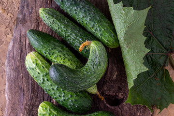 garden harvest - cucumbers lie on an old wooden board