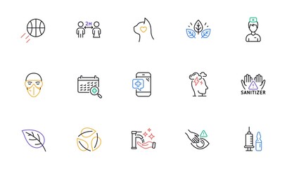 Medical vaccination, Medical mask and Organic tested line icons for website, printing. Collection of Leaves, Washing hands, Basketball icons. Clean hands, Doctor. Vector