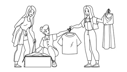 Clothes Swap Party Enjoying Young Women Vector. Girls Resting On Swap Party And Exchanging Fashion Textile Clothing. Characters Happiness Ladies Leisure Time Together black line illustration