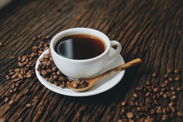 cup of coffee on wooden table