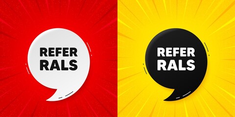 Referrals tag. Flash offer banner with quote. Referral program sign. Advertising reference symbol. Starburst beam banner. Referrals speech bubble. Vector