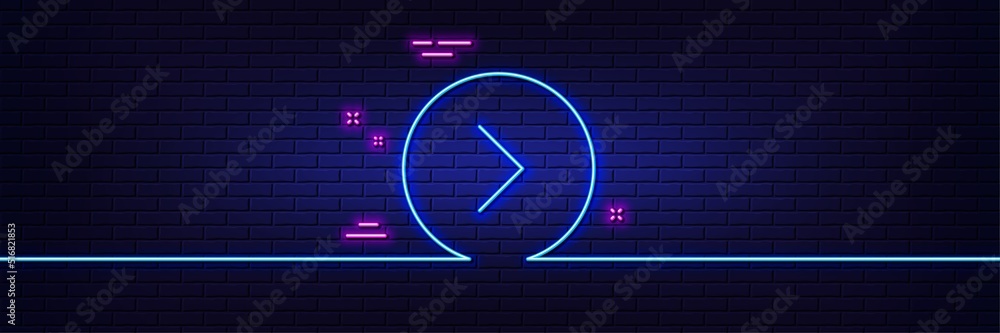 Poster neon light glow effect. forward arrow line icon. next arrowhead symbol. next navigation pointer sign