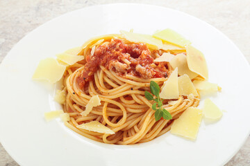 Italian pasta Spaghetti bolognese with parmesan