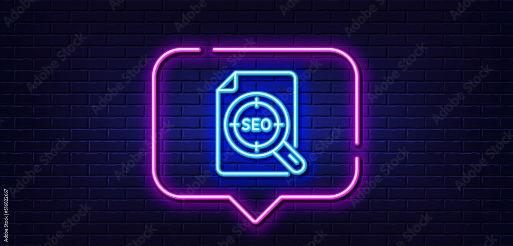 Poster neon light speech bubble. seo target line icon. search engine optimization sign. file document symbo
