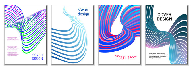 A set of 4 abstract covers. Wavy parallel gradient lines, ribbons evolve. Cover design, background. Trendy banner, poster.