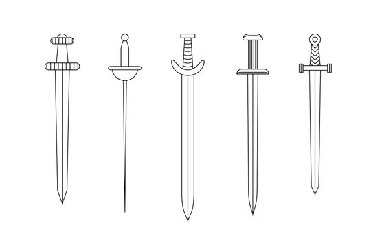  Medieval long swords drawn art line style. Set of simple vector images