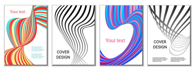 A set of 4 abstract covers. Wavy parallel gradient lines, ribbons evolve. Cover design, background. Trendy banner, poster.
