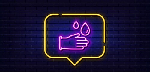 Neon light speech bubble. Cleaning rubber gloves line icon. Hygiene sign. Washing Housekeeping equipment sign. Neon light background. Rubber gloves glow line. Brick wall banner. Vector