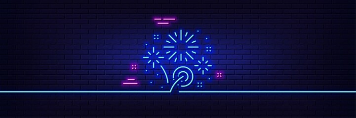 Neon light glow effect. Fireworks line icon. Pyrotechnic salute sign. Carnival celebration lights symbol. 3d line neon glow icon. Brick wall banner. Fireworks outline. Vector