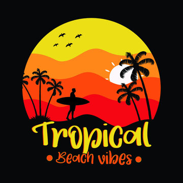 Tropical beach vibes vintage style t-shirt and apparel trendy design with sunglass silhouettes, typography, print, vector illustration