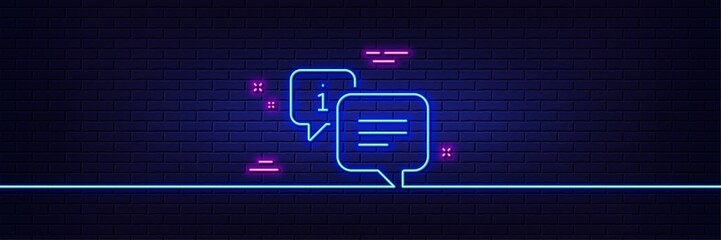 Neon light glow effect. Information line icon. Info speech bubble sign. Help inform symbol. 3d line neon glow icon. Brick wall banner. Info outline. Vector