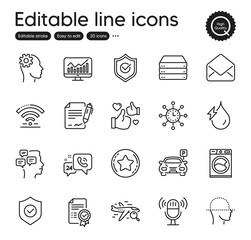Set of Technology outline icons. Contains icons as Parking, Engineering and Servers elements. Statistics, Search flight, Wifi web signs. Face scanning, Certificate, Signing document elements. Vector