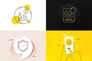 Minimal set of Presentation, Recovery ssd and Support line icons. Phone screen, Quote banners. Confirmed icons. For web development. Business conference, Backup info, Information path. Vector