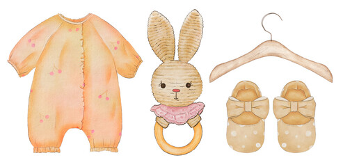 Watercolor baby clothes, baby shoes, teether, baby shower, boho baby clipart