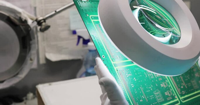 Close-up of specialist's hands in a laboratory checking an electronic board with a magnifying instrument. Visual optical inspection for quality control of circuit board. Manufacturing concept.