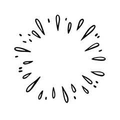 Doodle starburst. outline splash with drops. firework isolated light. decorative simple round frame.