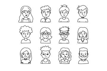 Faces outline doodle people set. Human Avatars Collection. Drawing Old and young age.