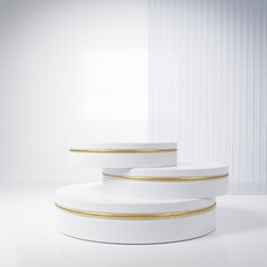 Three premium product display stands. White plastic and gold trim. 3d rendering