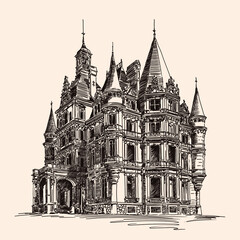 Fototapeta premium A quick pencil sketch of a classic Victorian brick building with towers
