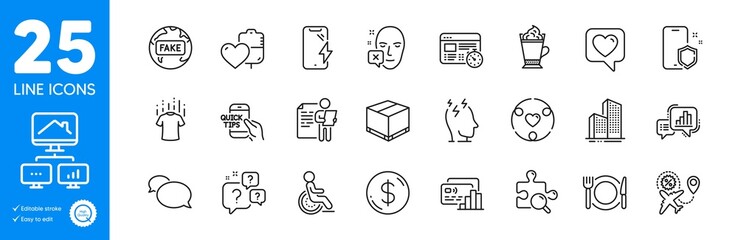Outline icons set. Dry t-shirt, Dollar money and Education icons. Card, Flight sale, Stress web elements. Inclusion, Phone protect, Heart signs. Disability, Graph chart, Blood. Vector