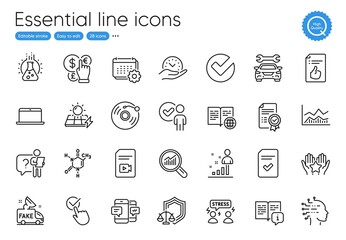 Fake news, Vinyl record and Calendar line icons. Collection of Search employee, Manual, Smartphone sms icons. Artificial intelligence, Checkbox, Car web elements. Certificate, Video file. Vector