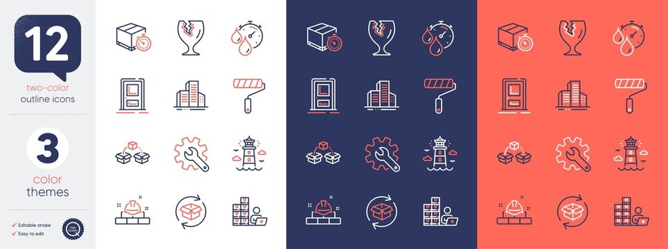 Set of Paint roller, Buildings and Timer line icons. Include Delivery timer, Customisation, Lighthouse icons. Return parcel, Fragile package, Parcel shipping web elements. Bicolor outline icon. Vector
