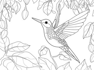 Bird, hummingbird in a blooming garden. Vector, page for printable children coloring book.