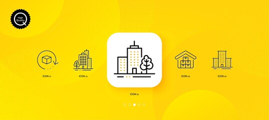 Fototapeta na wymiar Skyscraper buildings, Buildings and Return package minimal line icons. Yellow abstract background. Wholesale goods, University campus icons. For web, application, printing. Vector