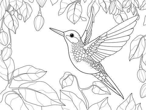 Bird, hummingbird in a blooming garden. Vector, page for printable children coloring book.