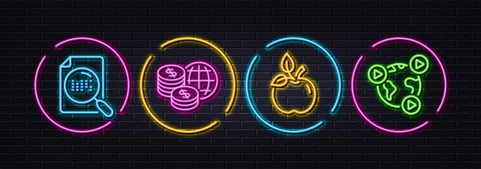 Search file, Eco food and World money minimal line icons. Neon laser 3d lights. Video conference icons. For web, application, printing. Find document, Organic tested, Global markets. Vector