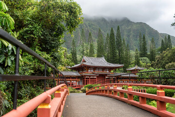 Byodo-in Buddhist Temple at the Koolau mountain range in the Leeward side of Oahu, Hawaii
