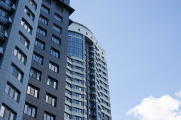 Tall blue buildings view from below. Business concept.