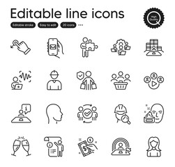 Set of People outline icons. Contains icons as Drag drop, Woman and Payment method elements. Buyer insurance, Face cream, Approved teamwork web signs. Puzzle, Video conference. Vector