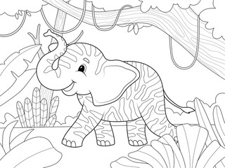 Zebra colored elephant in the African forest. Children cheerful character, animal. Page for printable children coloring book.