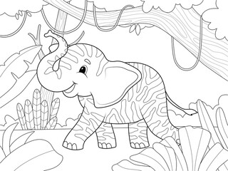 Zebra colored elephant in the African forest. Children cheerful character, animal. Page for printable children coloring book.